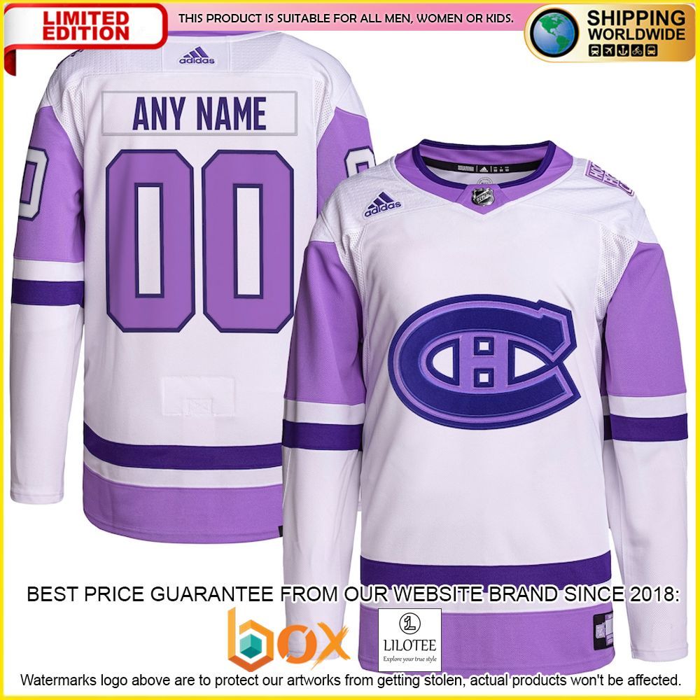 NEW Montreal Canadiens Adidas Fights Cancer Custom White Purple Premium Hockey Jersey 1