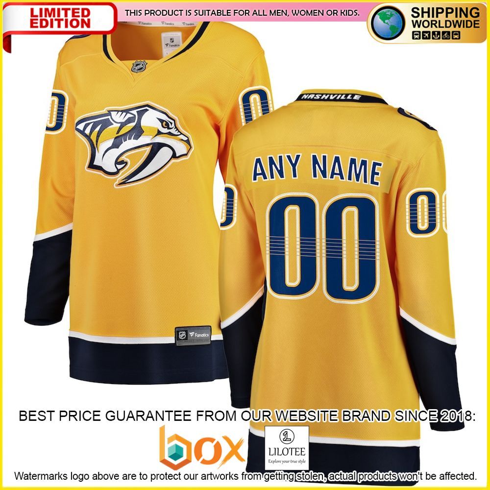 NEW Nashville Predators Fanatics Branded Women's Home Custom Yellow Premium Hockey Jersey 1