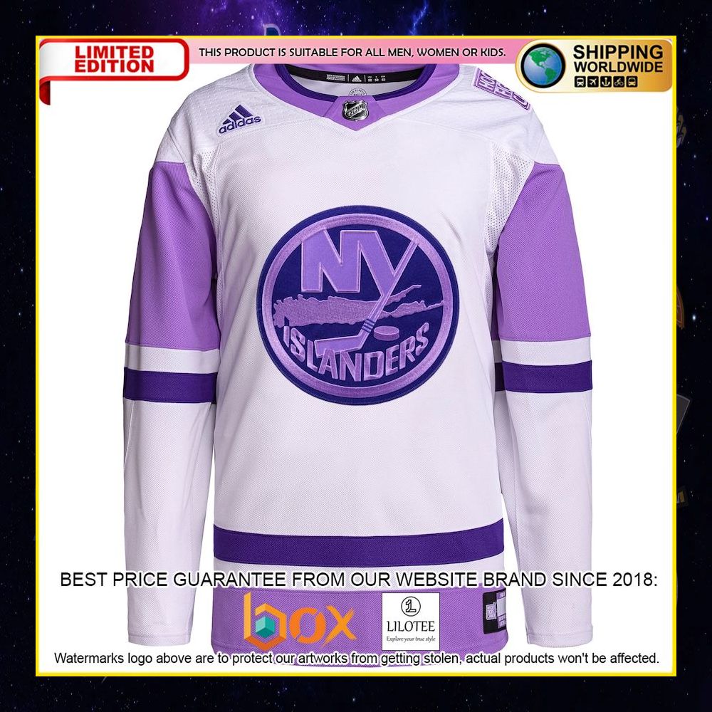 NEW New York Islanders Adidas Fights Cancer Custom White Purple Premium Hockey Jersey 5