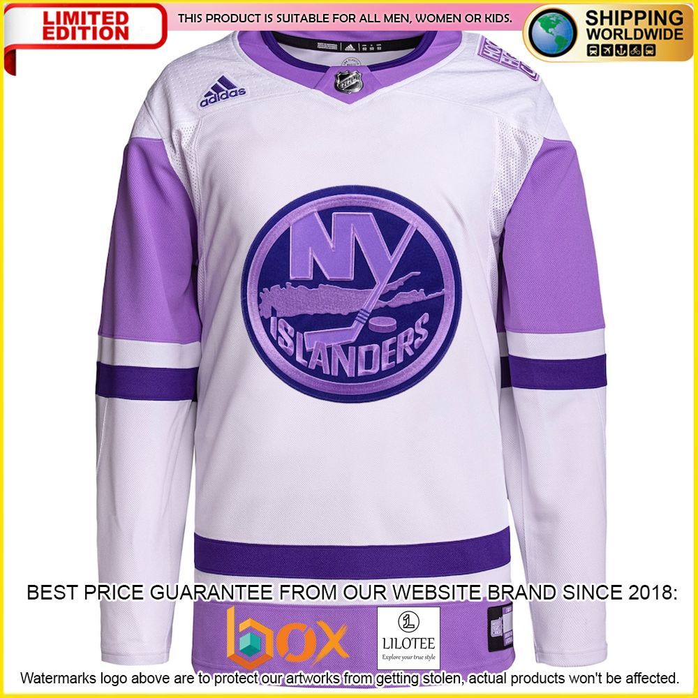 NEW New York Islanders Adidas Fights Cancer Custom White Purple Premium Hockey Jersey 2