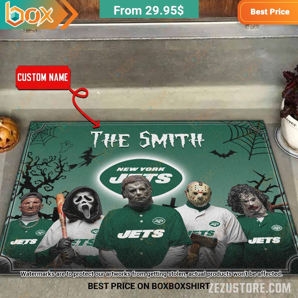 New York Jets Freddy Krueger Ghostface Michael Myers Jason Voorhees Leatherface Custom Halloween Doormat 1
