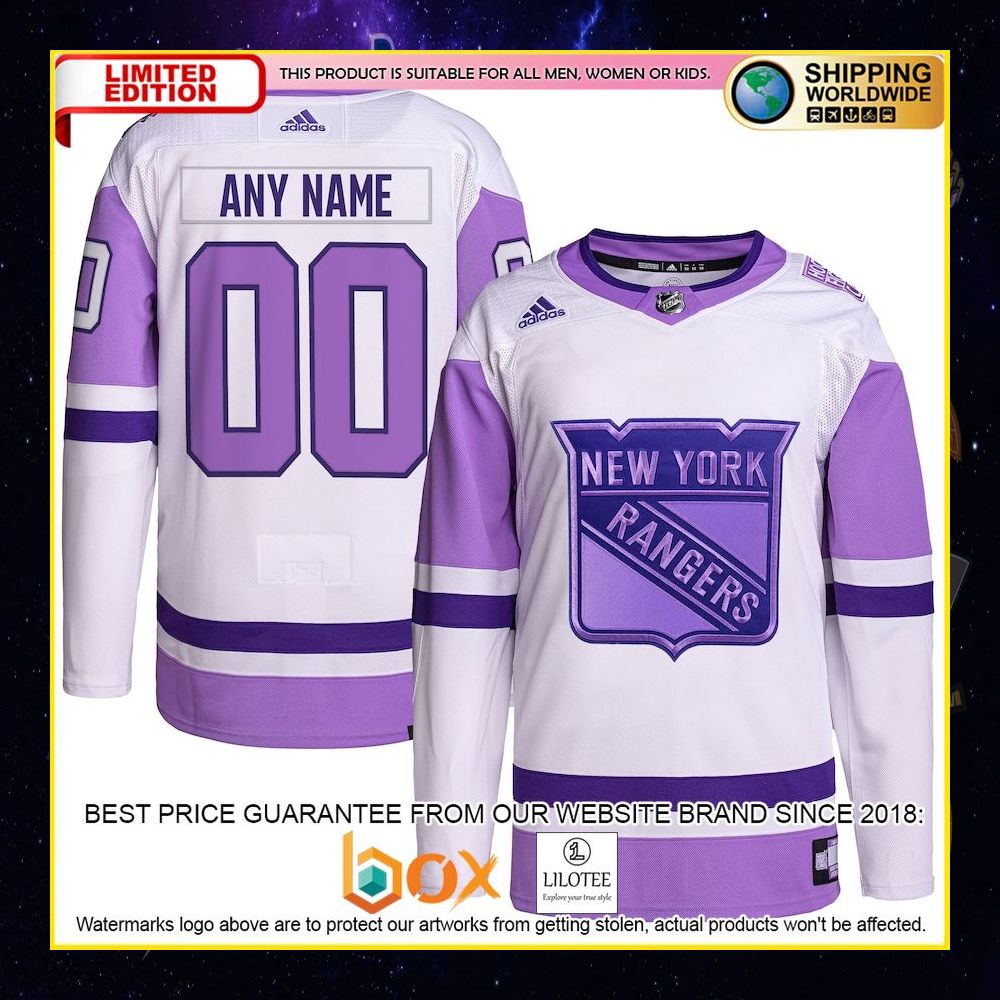 NEW New York Rangers Adidas Fights Cancer Custom White Purple Premium Hockey Jersey 4
