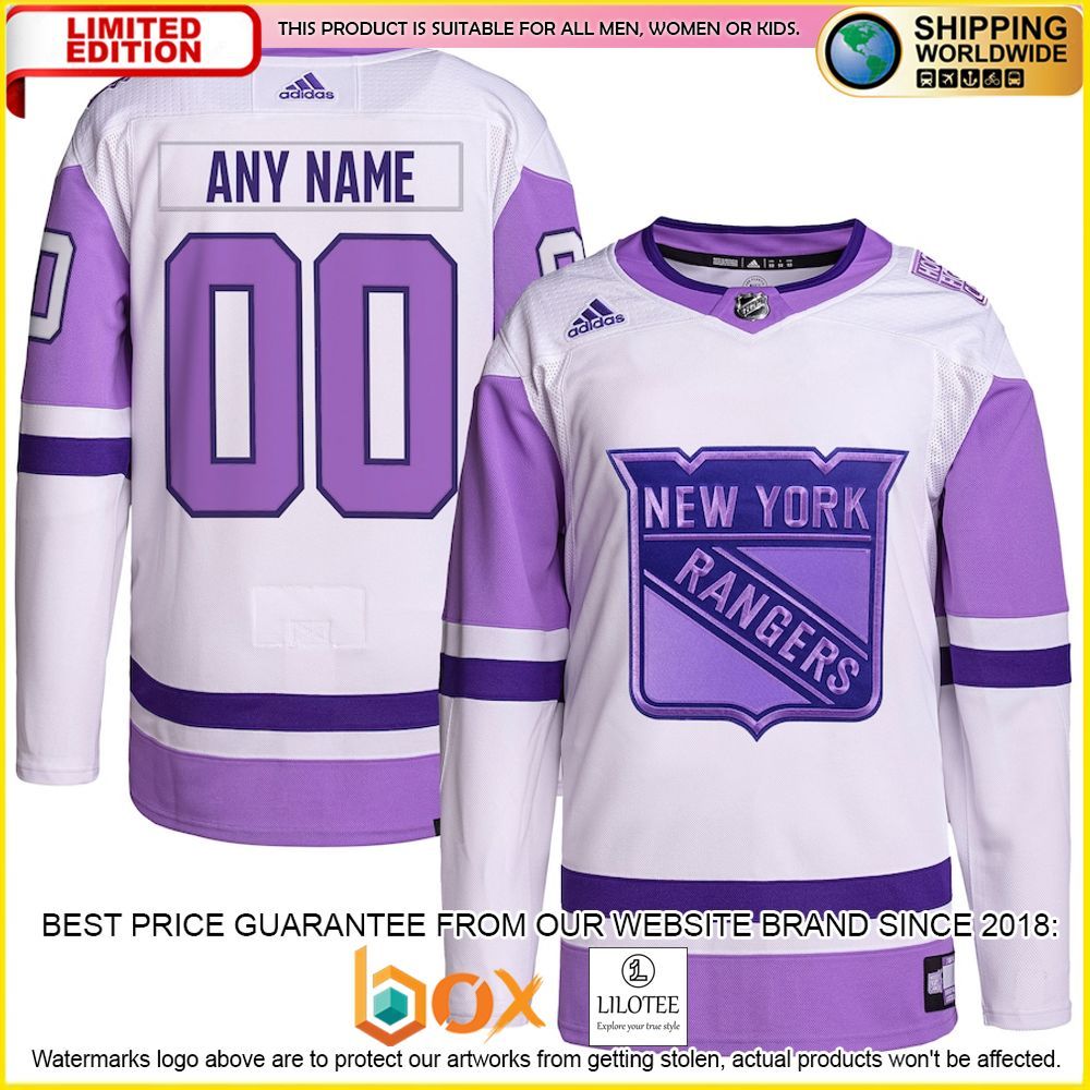 NEW New York Rangers Adidas Fights Cancer Custom White Purple Premium Hockey Jersey 1