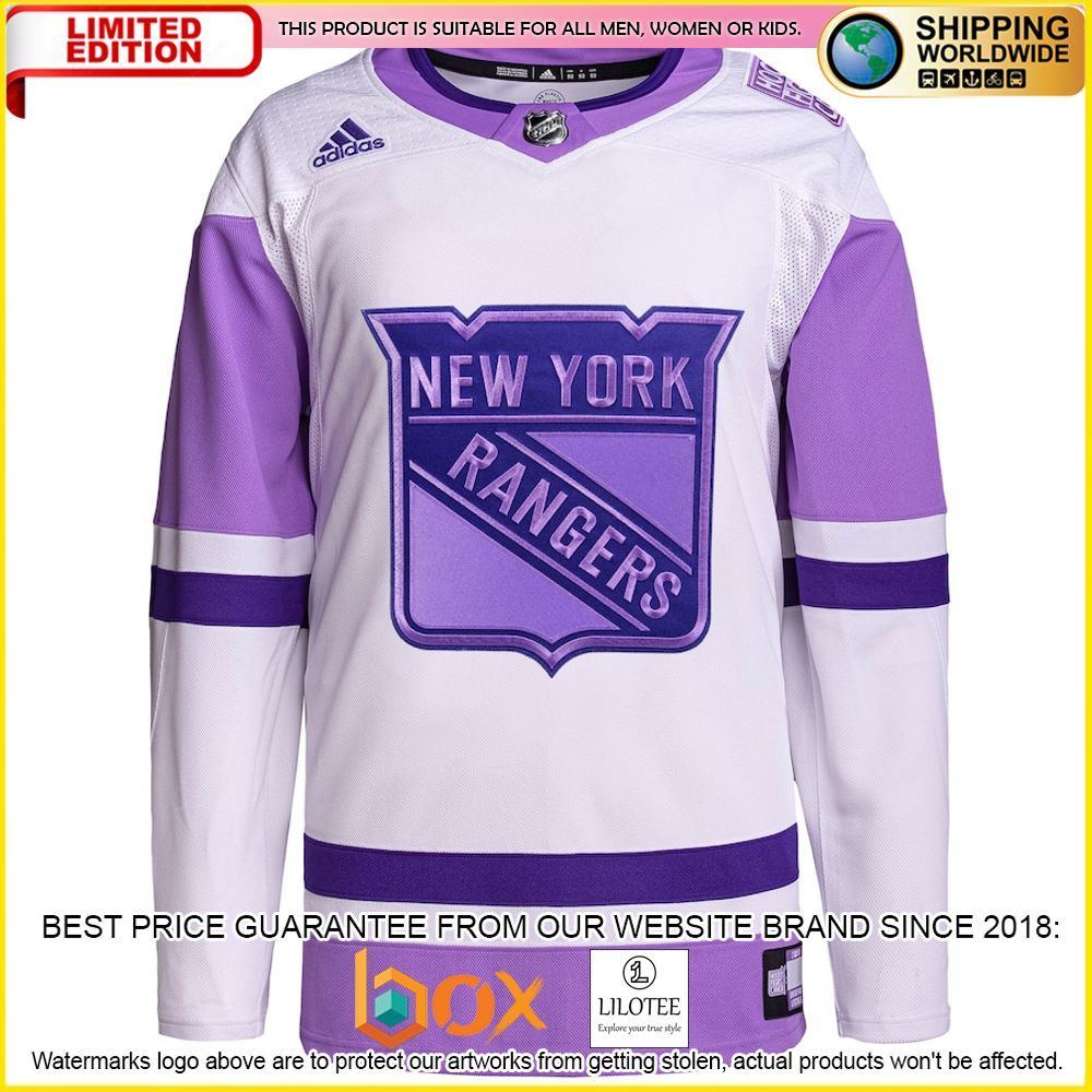 NEW New York Rangers Adidas Fights Cancer Custom White Purple Premium Hockey Jersey 2