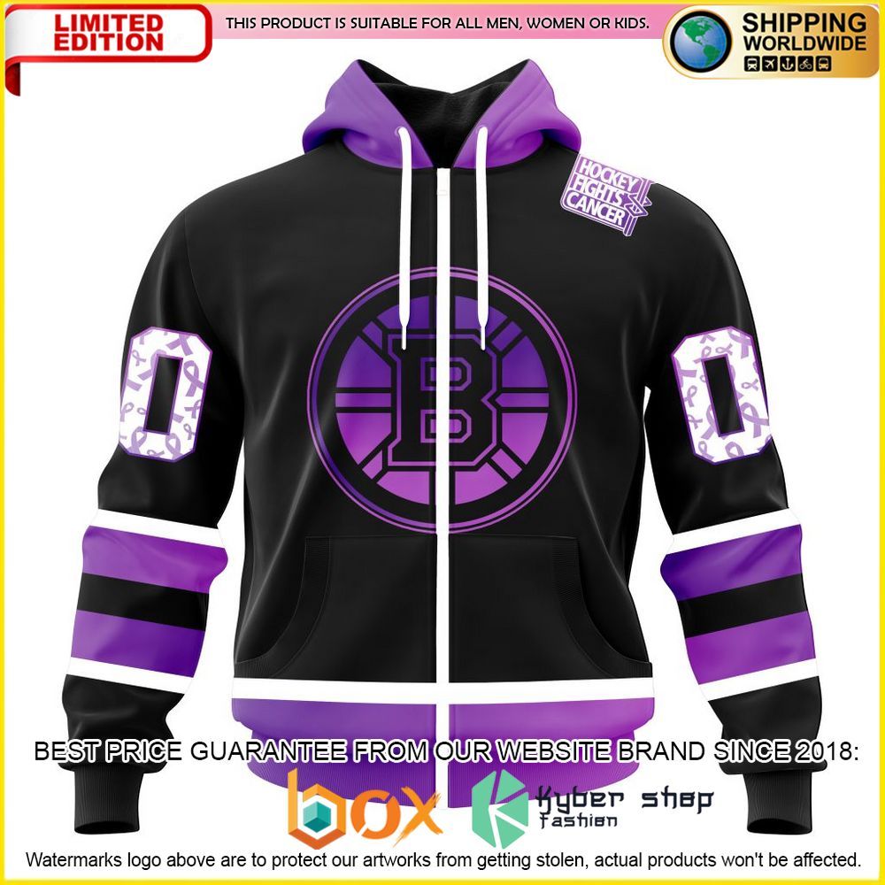 NEW NHL Boston Bruins Black Hockey Fights Cancer Personalized 3D Hoodie, Shirt 2