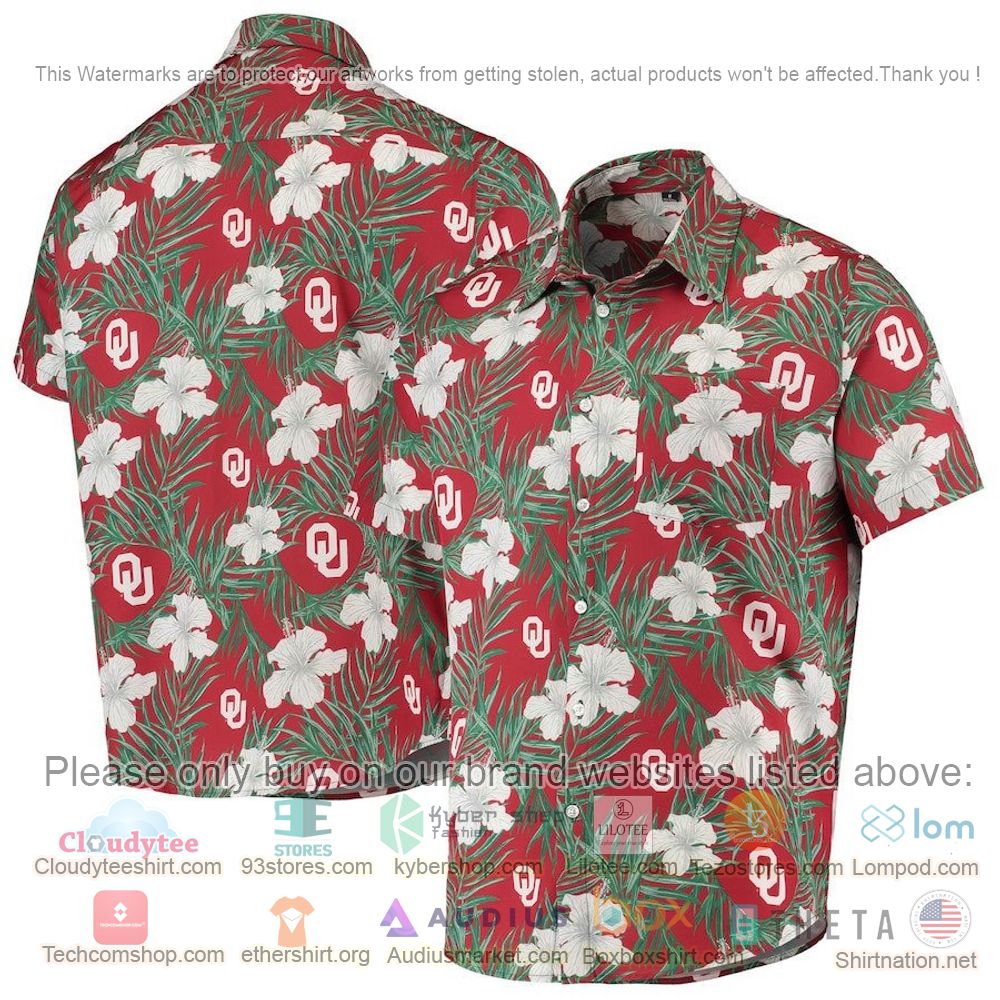 HOT Oklahoma Sooners Crimson Red Floral-Leaves Button-Up Hawaii Shirt 1
