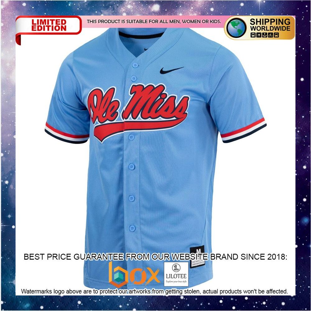 NEW Ole Miss Rebels Replica Full-Button Powder Blue Baseball Jersey 2
