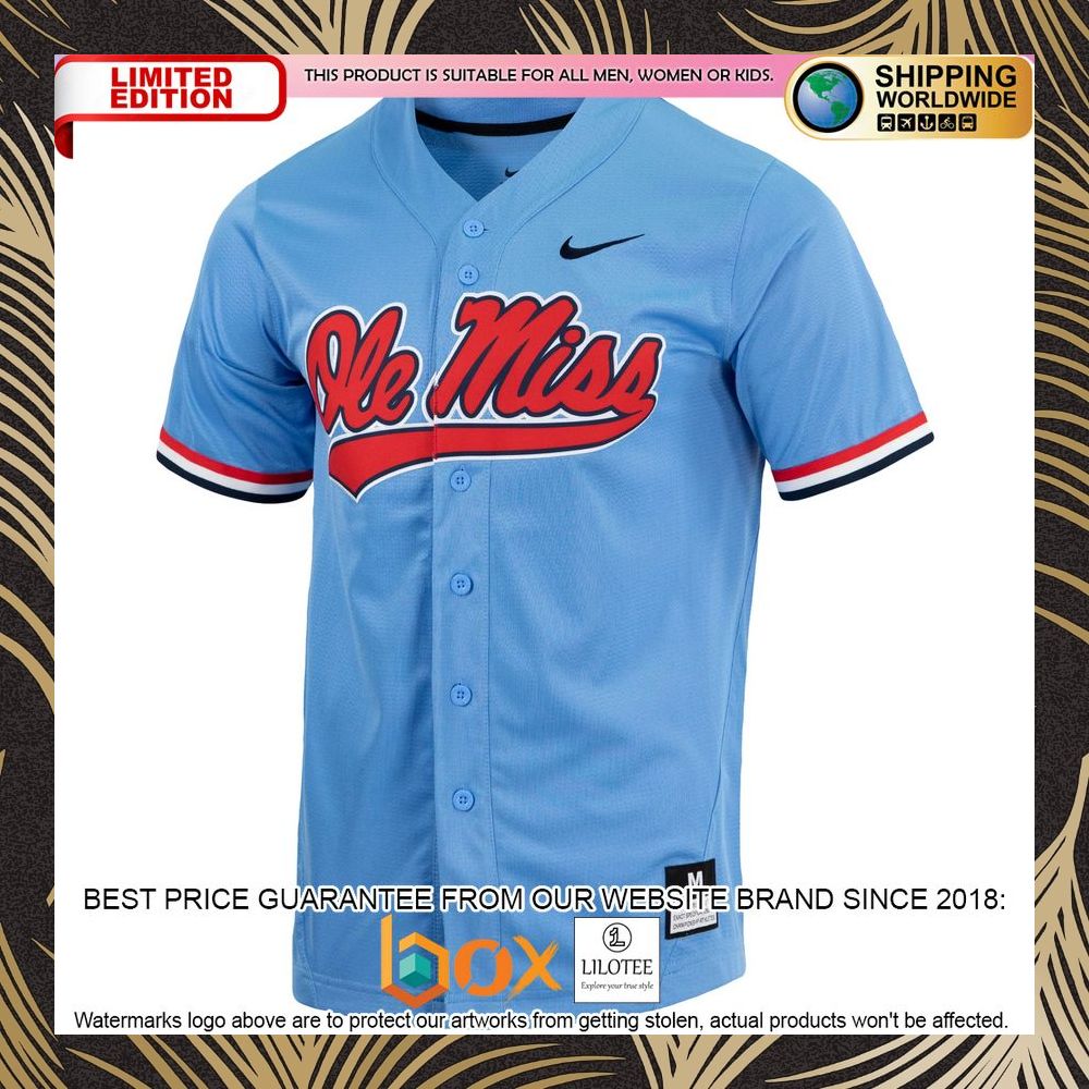 NEW Ole Miss Rebels Replica Full-Button Powder Blue Baseball Jersey 6