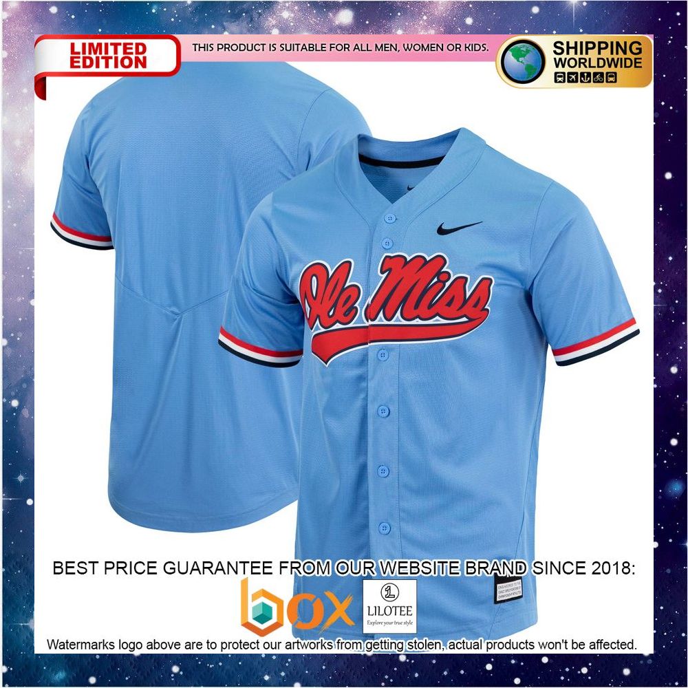 NEW Ole Miss Rebels Replica Full-Button Powder Blue Baseball Jersey 4