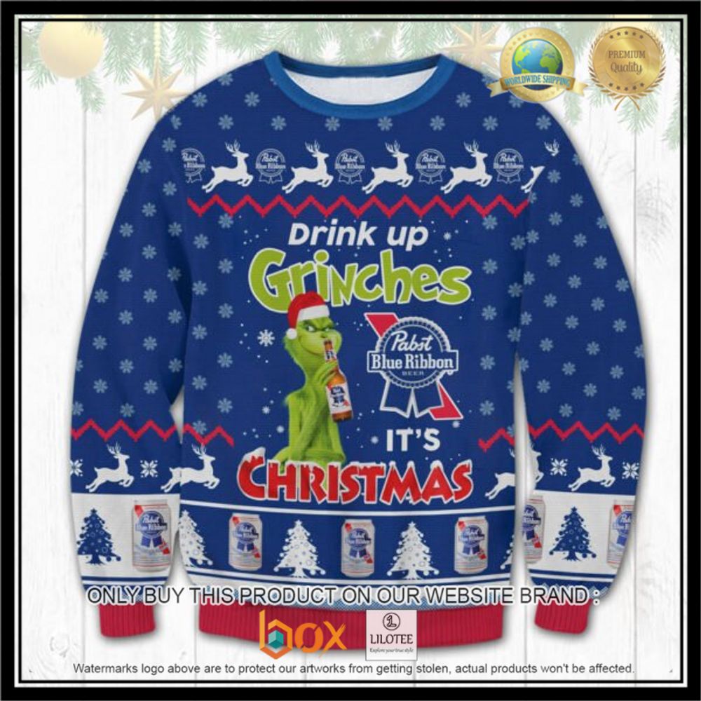 HOT Pabst Blue Ribbon Drink Up Grinches Christmas Ugly Sweater 4