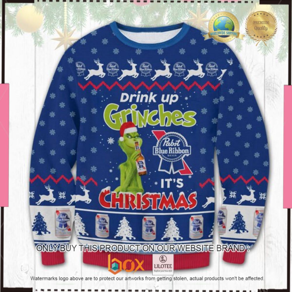 HOT Pabst Blue Ribbon Drink Up Grinches Christmas Ugly Sweater 1