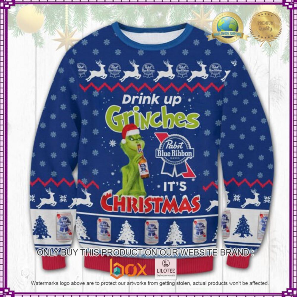 HOT Pabst Blue Ribbon Drink Up Grinches Christmas Ugly Sweater 2