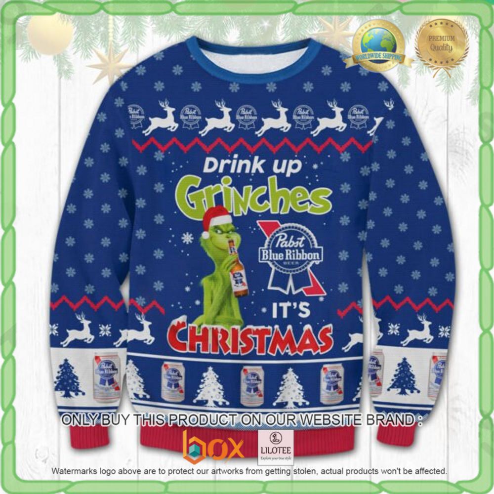 HOT Pabst Blue Ribbon Drink Up Grinches Christmas Ugly Sweater 3
