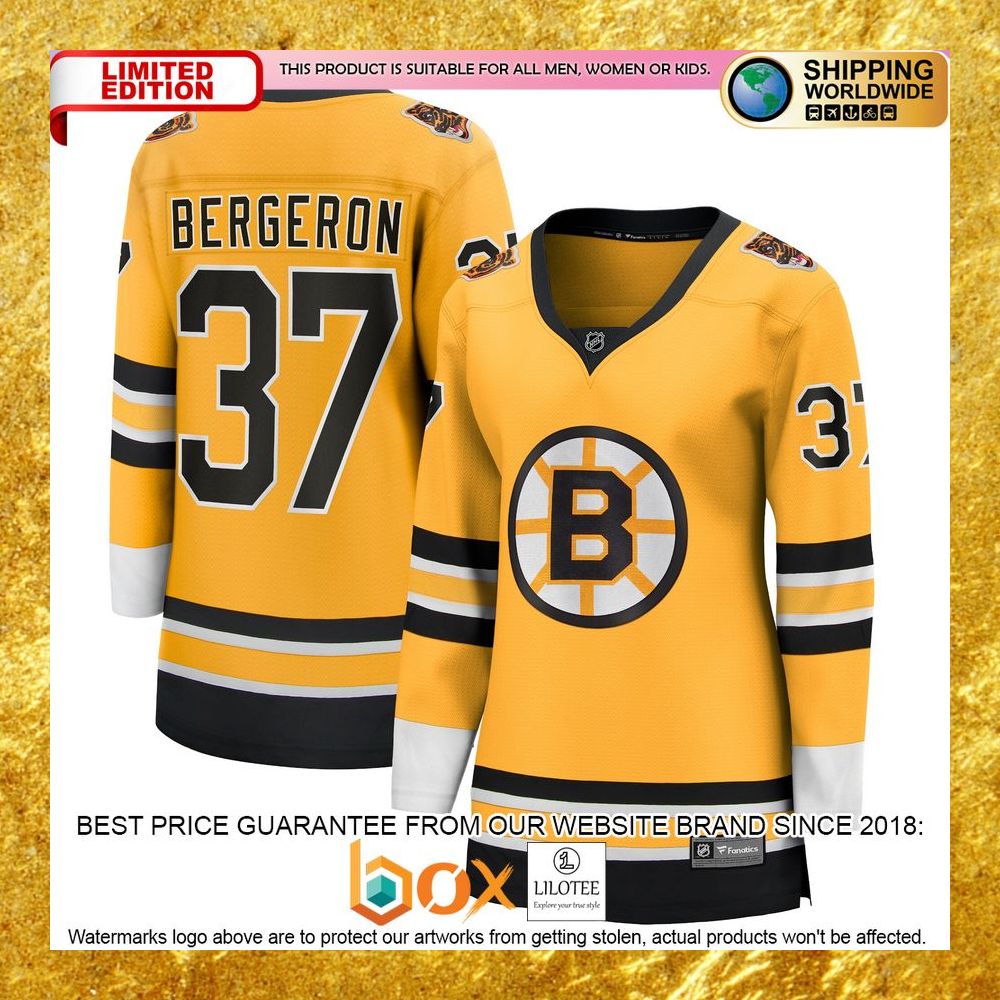 NEW Patrice Bergeron Boston Bruins Women's 2020/21 Special Edition Player Gold Hockey Jersey 5