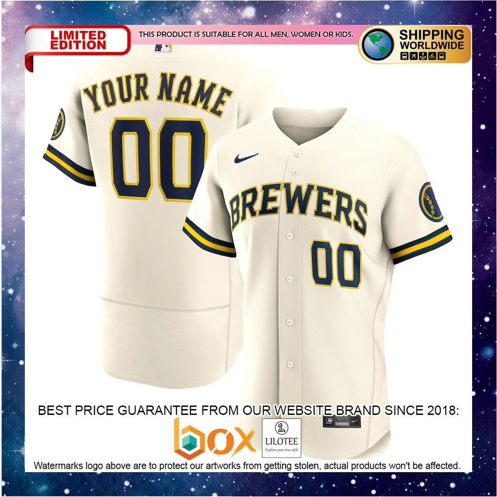 NEW Personalized Milwaukee Brewers Home Authentic Patch Cream Baseball Jersey 1