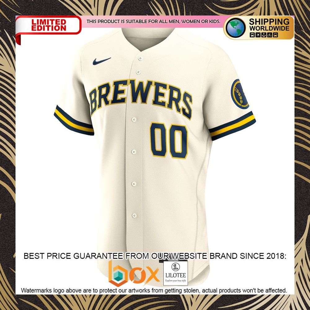 NEW Personalized Milwaukee Brewers Home Authentic Patch Cream Baseball Jersey 5
