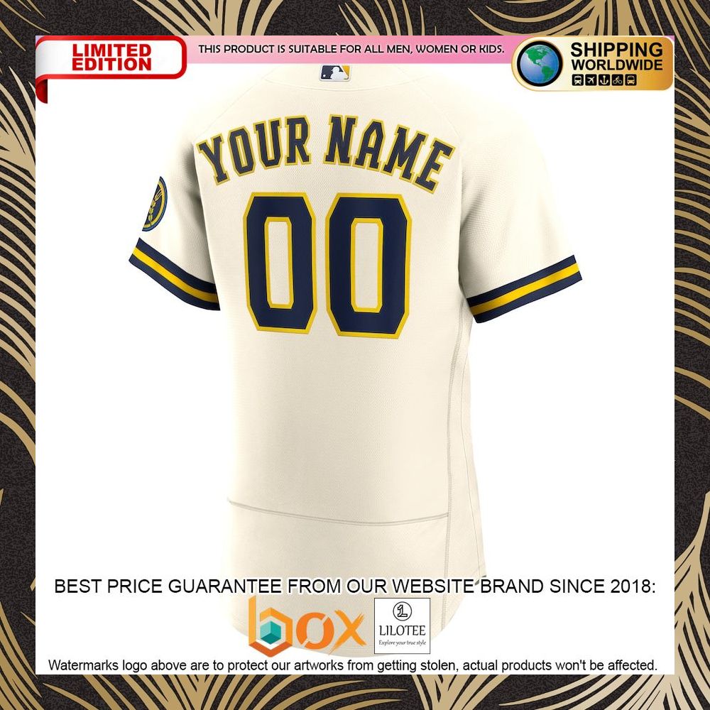 NEW Personalized Milwaukee Brewers Home Authentic Patch Cream Baseball Jersey 6