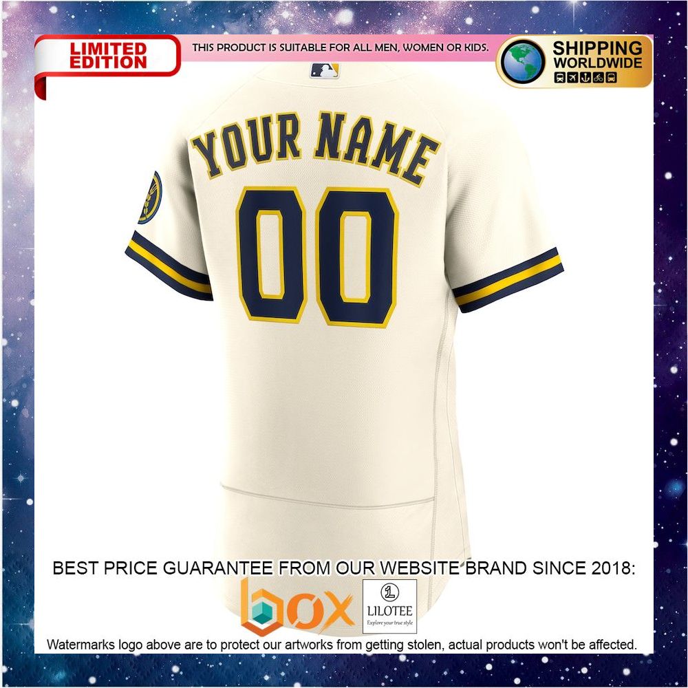 NEW Personalized Milwaukee Brewers Home Authentic Patch Cream Baseball Jersey 3