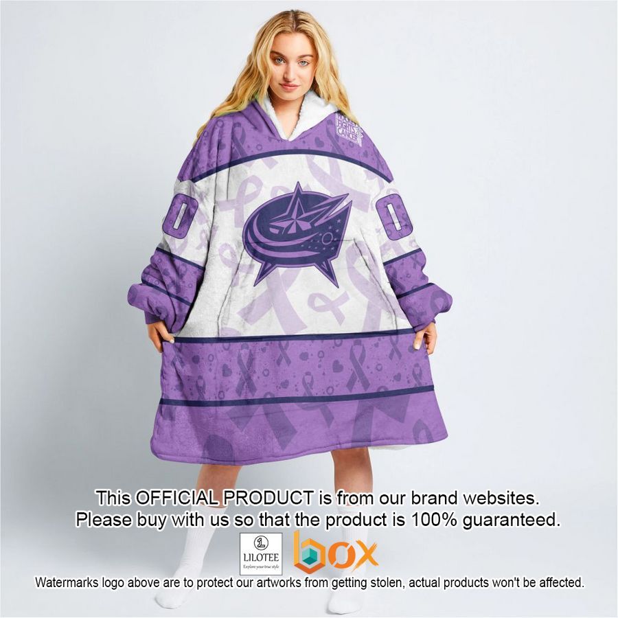 BEST Personalized Columbus Blue Jackets Special Lavender Fight Cancer Oodie Blanket Hoodie 3