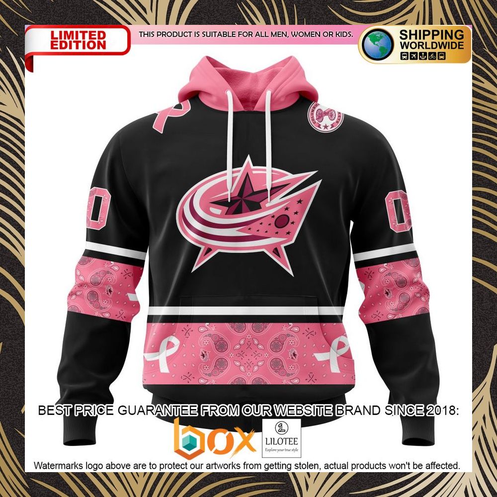 BEST NHL Columbus Blue Jackets Specialized Design In Classic Style With Paisley! WE WEAR PINK BREAST CANCER Personalized 3D Shirt, Hoodie 1