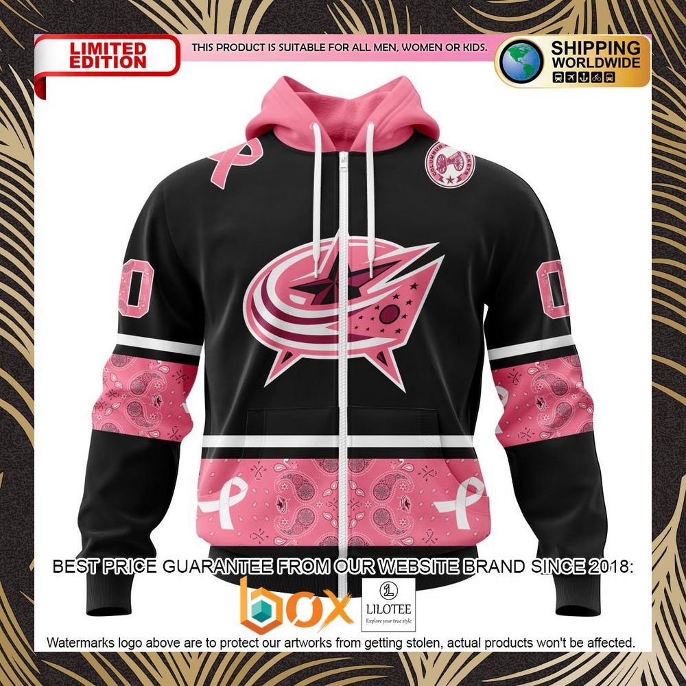 BEST NHL Columbus Blue Jackets Specialized Design In Classic Style With Paisley! WE WEAR PINK BREAST CANCER Personalized 3D Shirt, Hoodie 2