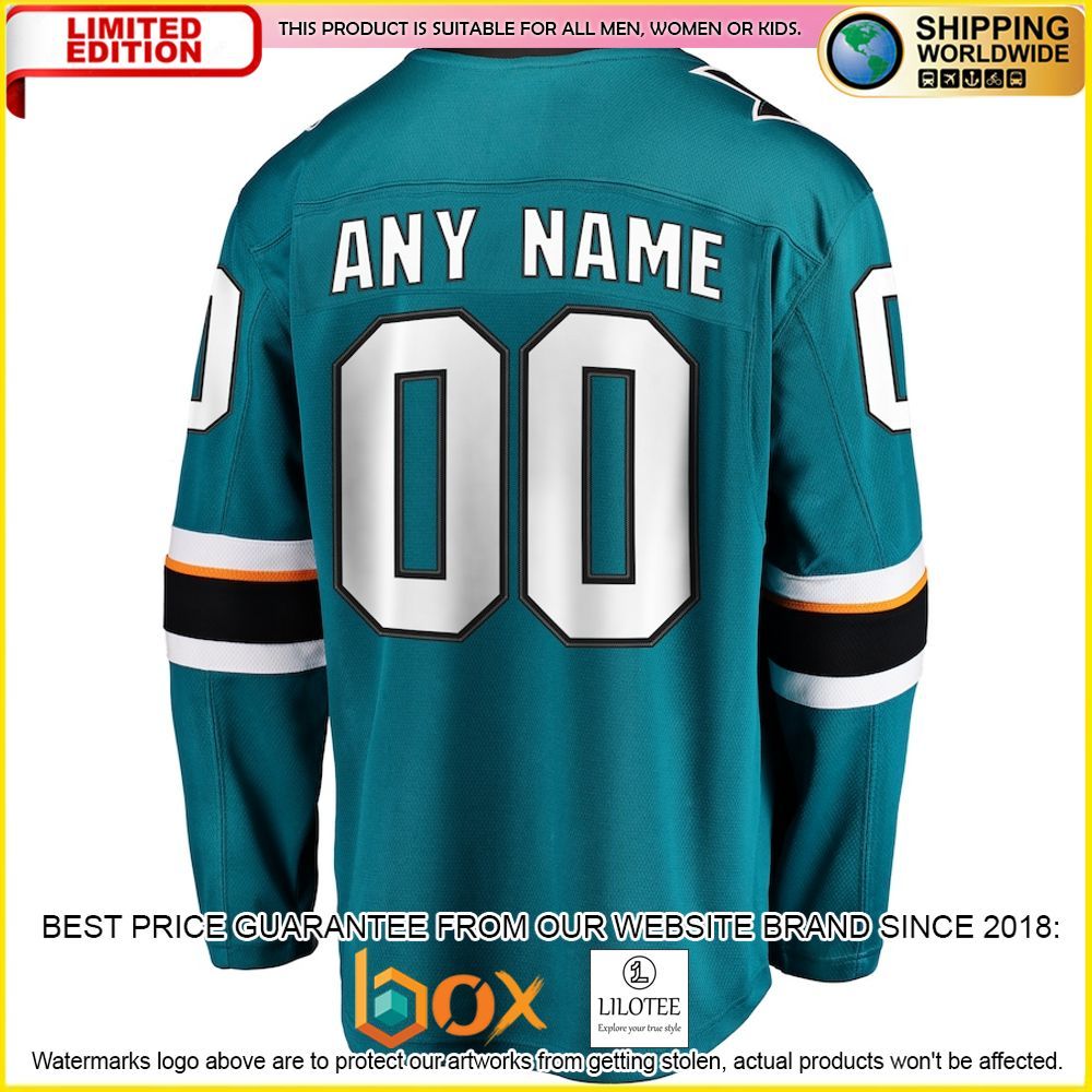 NEW San Jose Sharks Fanatics Branded 2021 22 Home Custom Teal Premium Hockey Jersey 3