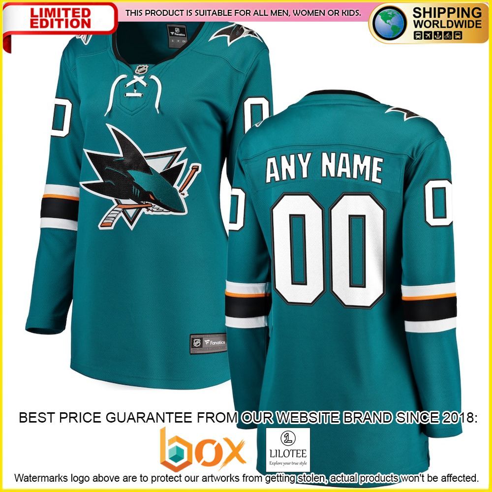 NEW San Jose Sharks Fanatics Branded Women's 2021 22 Home Custom Teal Premium Hockey Jersey 1
