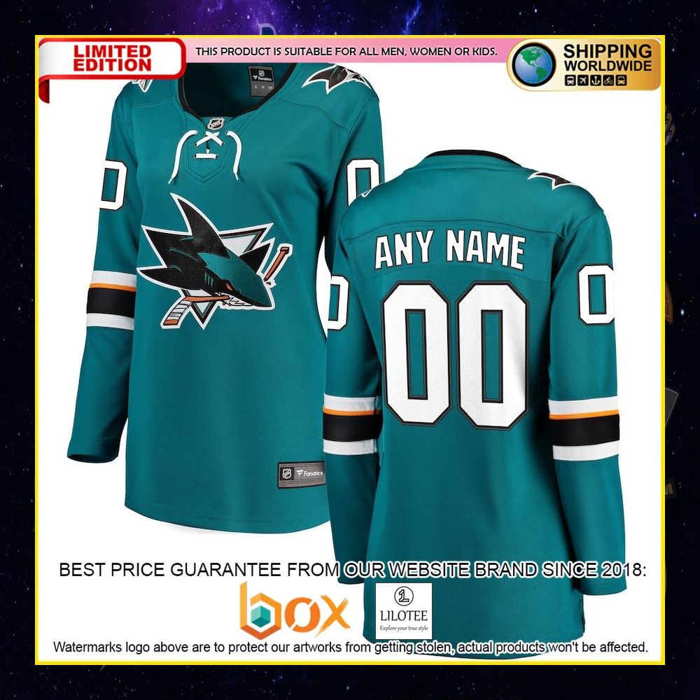 NEW San Jose Sharks Fanatics Branded Women's 2021 22 Home Custom Teal Premium Hockey Jersey 4