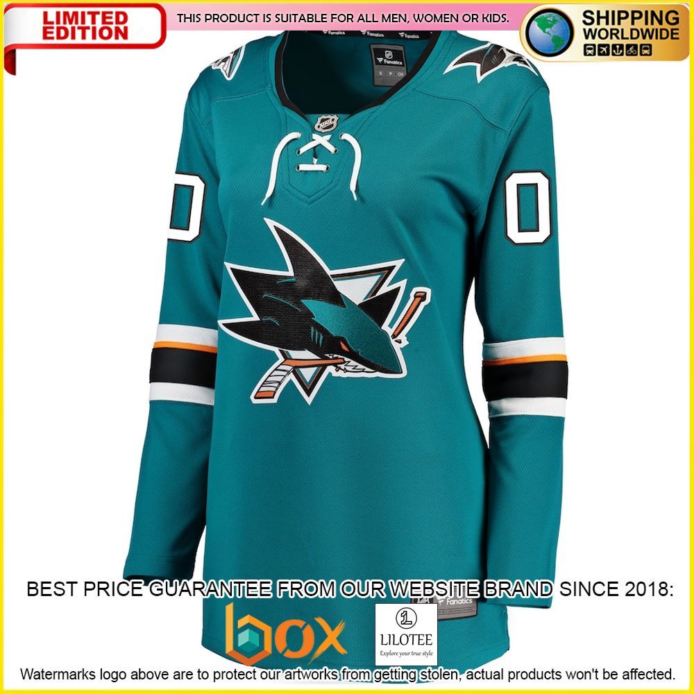 NEW San Jose Sharks Fanatics Branded Women's 2021 22 Home Custom Teal Premium Hockey Jersey 2
