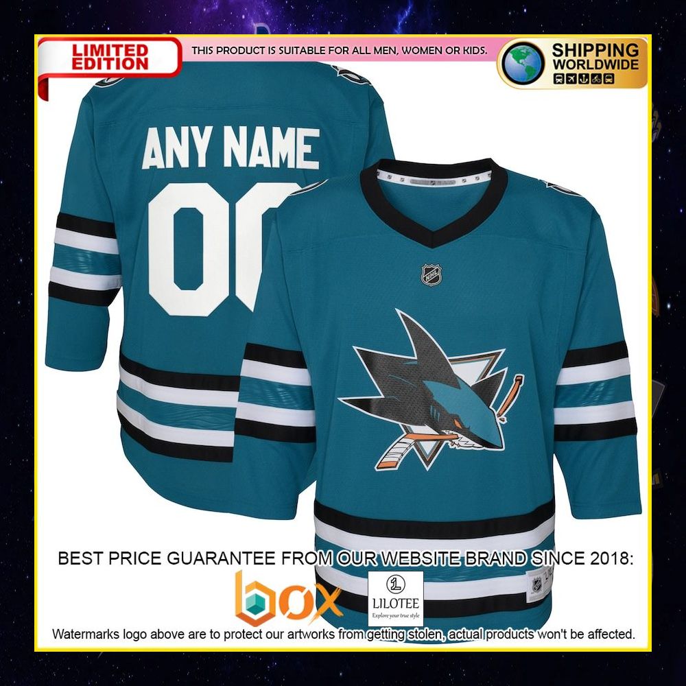 NEW San Jose Sharks Youth Home Replica Custom Teal Premium Hockey Jersey 4