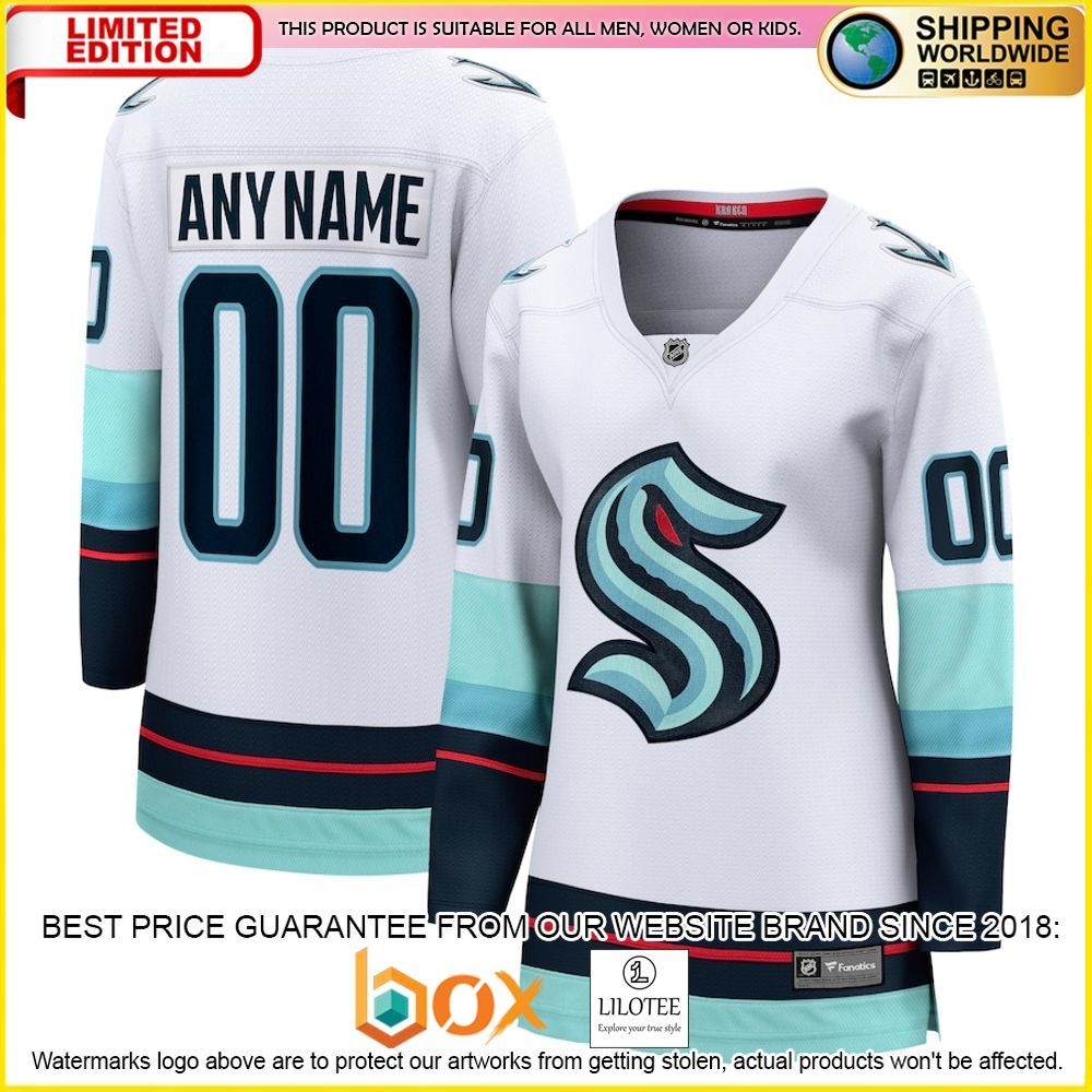 NEW Seattle Kraken Fanatics Branded Women's Away Custom White Premium Hockey Jersey 1