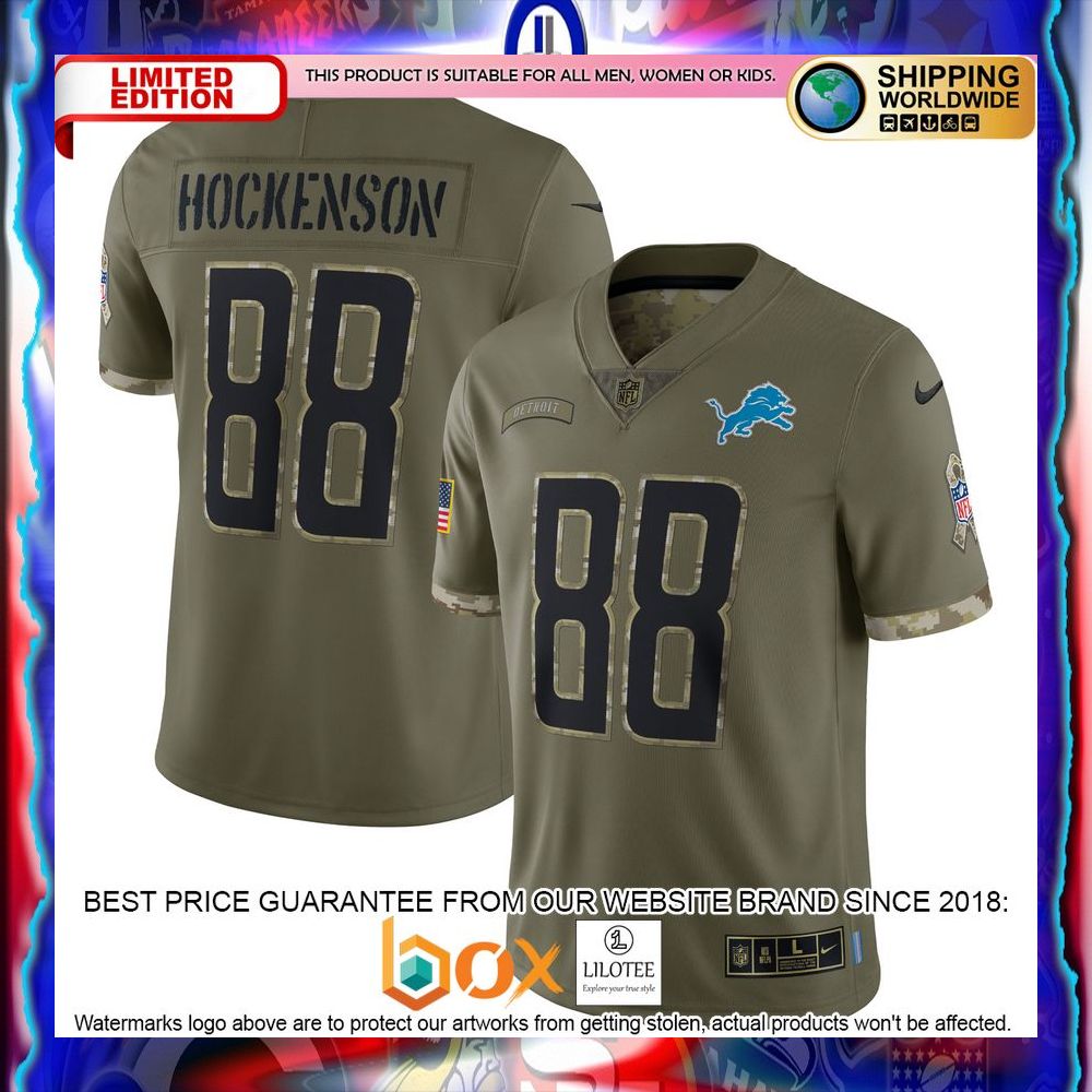 NEW T.J. Hockenson Detroit Lions 2022 Salute To Service Olive Football Jersey 12
