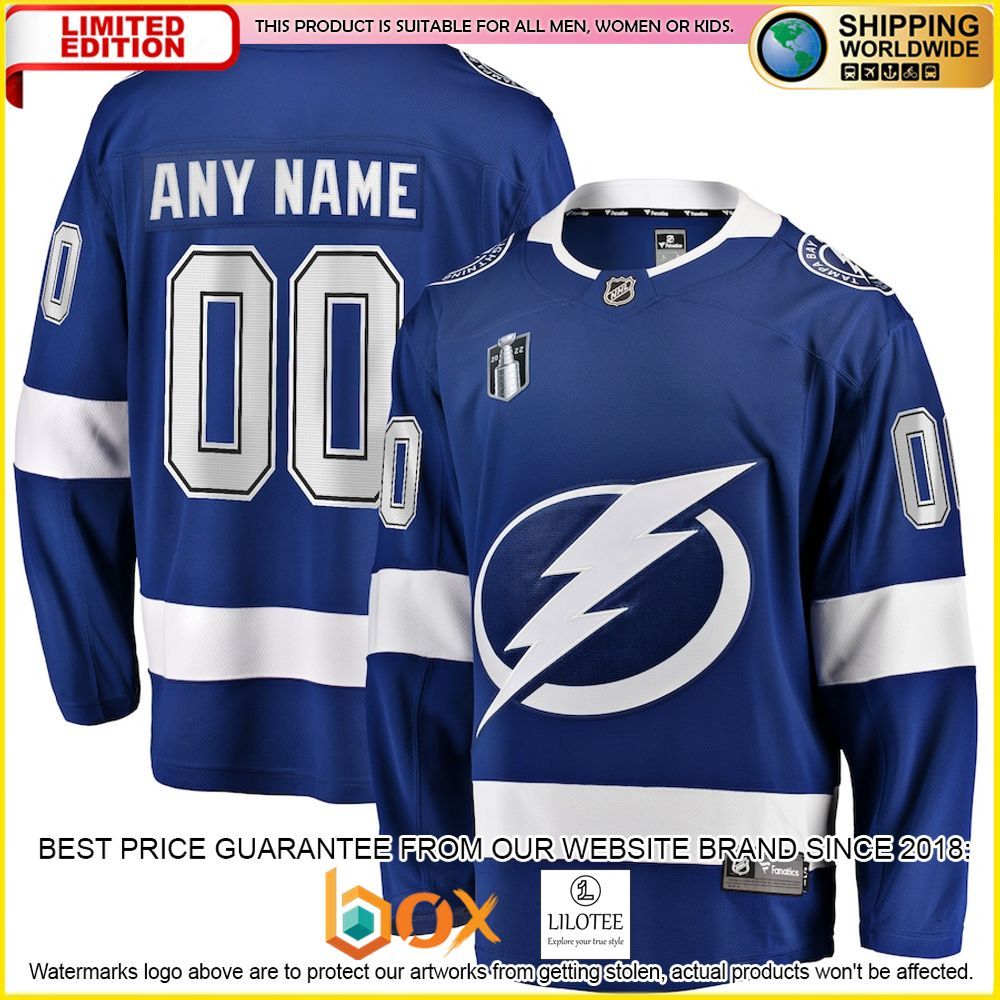 NEW Tampa Bay Lightning Fanatics Branded Home 2022 Stanley Cup Final Custom Blue Premium Hockey Jersey 1