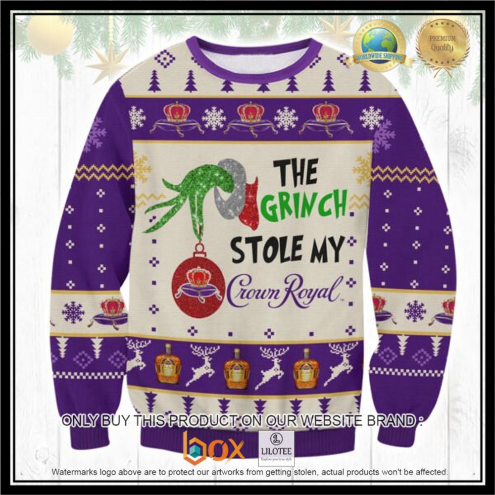 HOT The Grinch Stole My Crown Royal Christmas Ugly Sweater 4