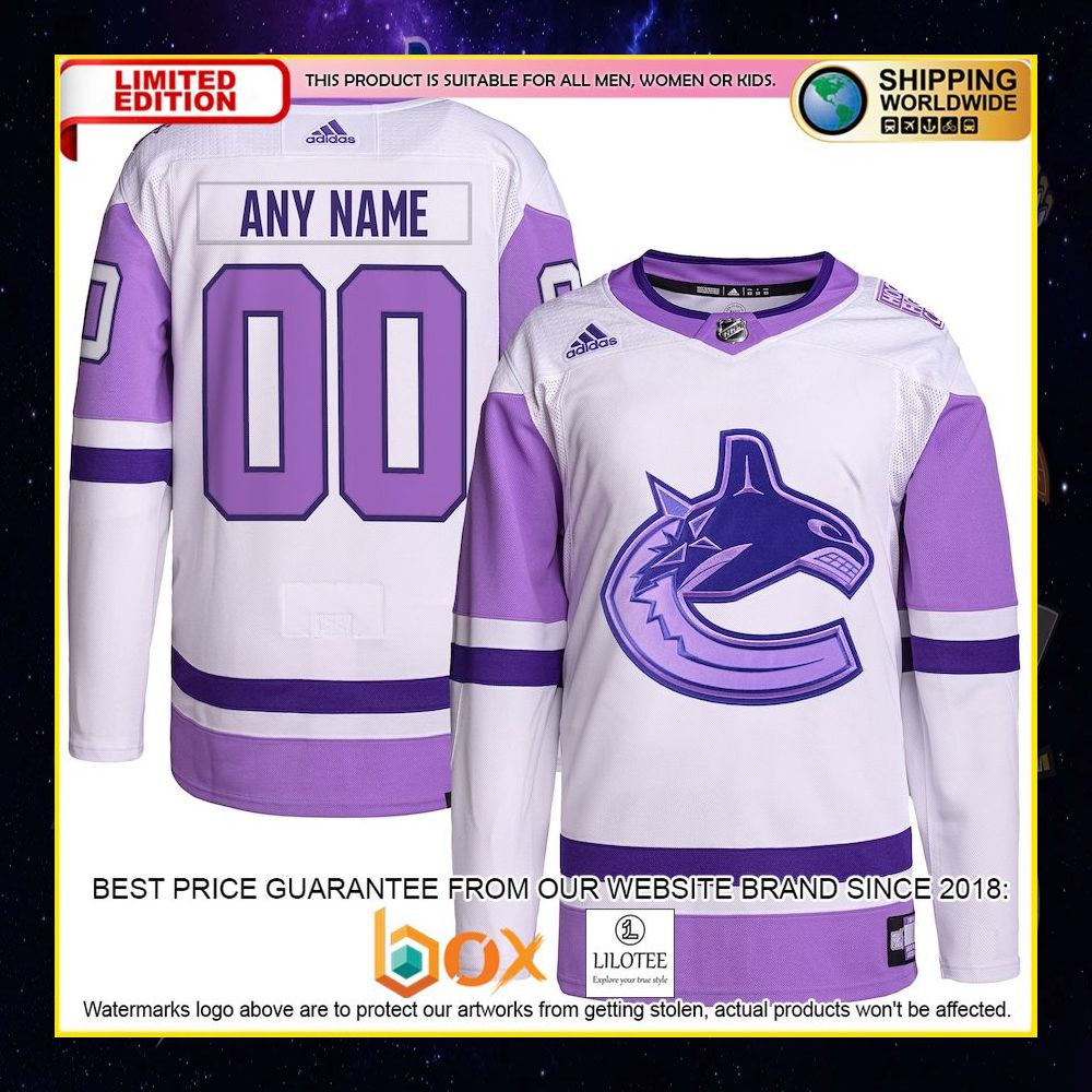 NEW Vancouver Canucks Adidas Fights Cancer Custom White Purple Premium Hockey Jersey 4