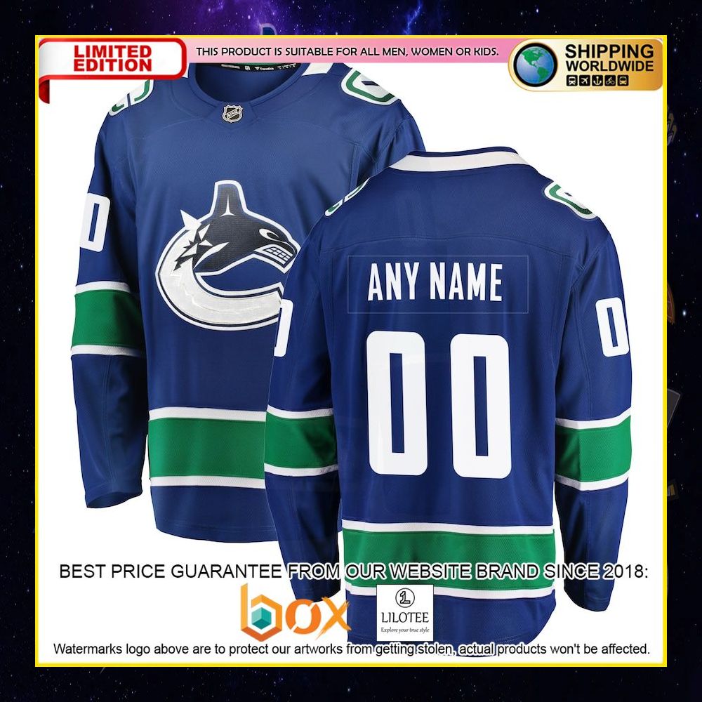 NEW Vancouver Canucks Fanatics Branded Home Team Custom Blue Premium Hockey Jersey 4