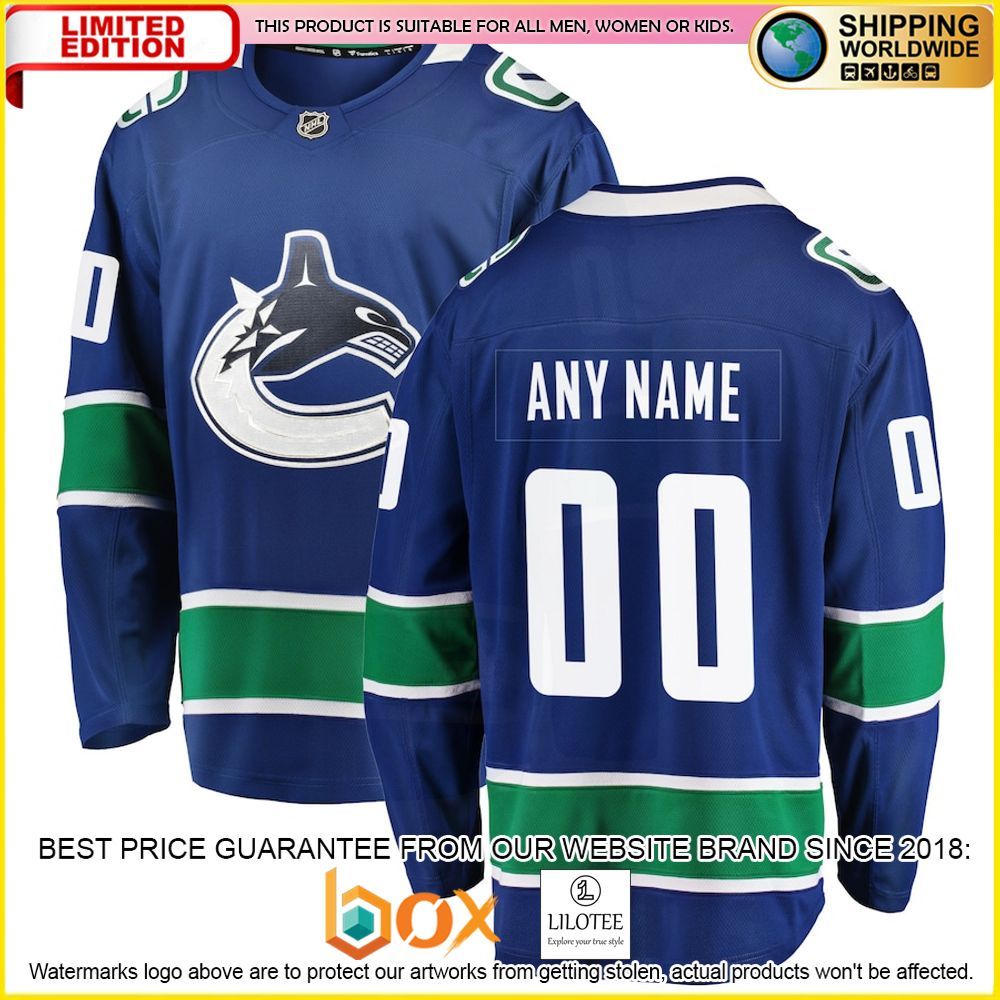 NEW Vancouver Canucks Fanatics Branded Home Team Custom Blue Premium Hockey Jersey 1